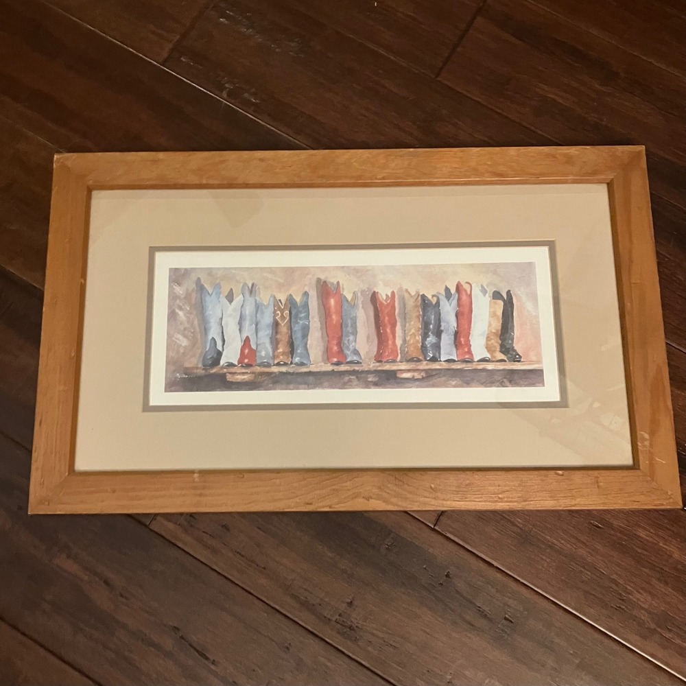 Karen Rae 1988 Cowboy Boots Framed Art Print Western Farmhouse Decor 23x14"